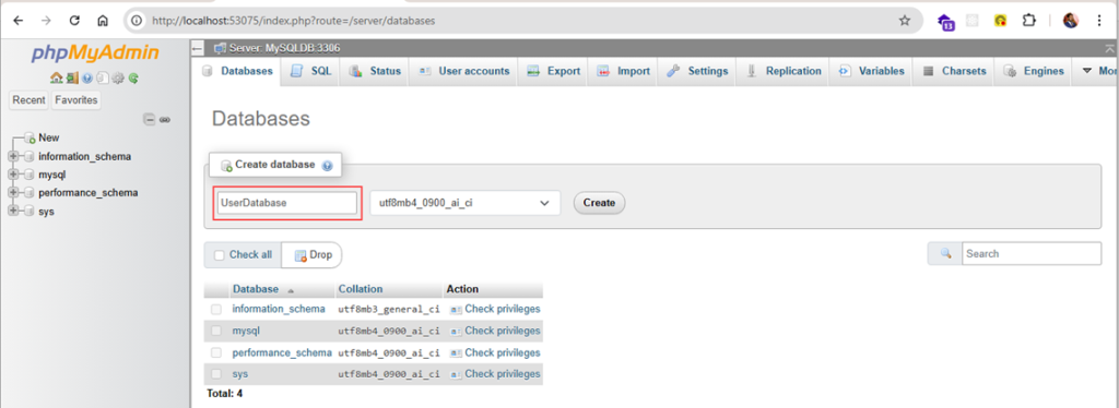 Creating Database PhpMyAdmin