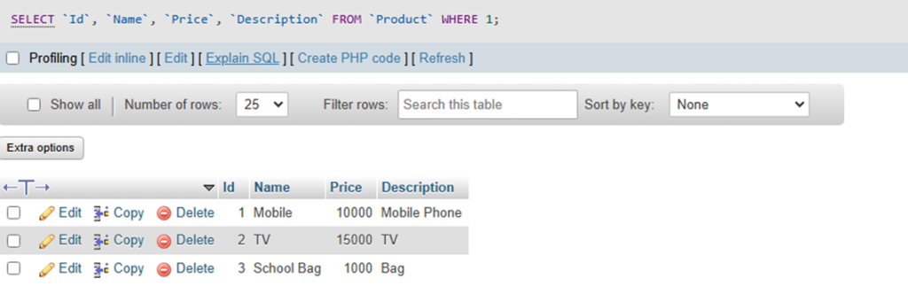 To view the inserted data, we can utilize PhpMyAdmin.