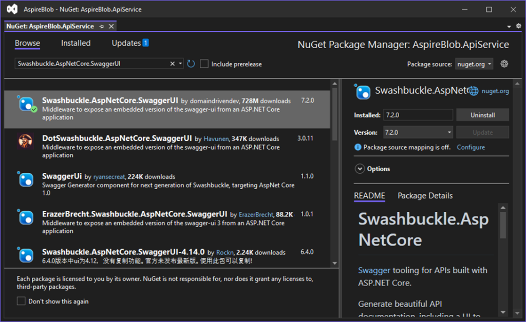 Installing Swashbuckle.AspNetCore.SwaggerUI Package