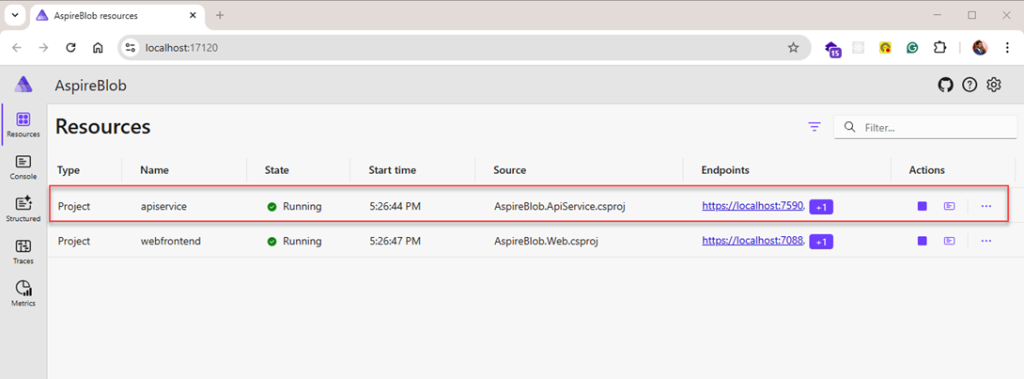 Api Project from Aspire Dashboard