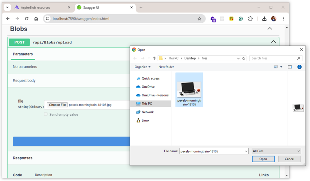 Uploading Document from Swagger Document to Azure