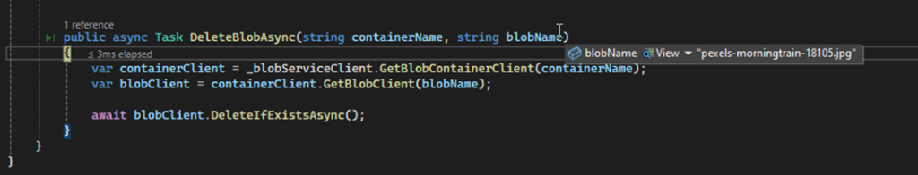 Debug View of Delete Image from Azure blob Storage