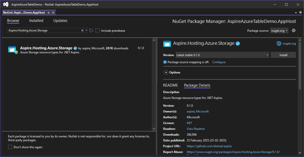 Adding Aspire.Hosting.Azure.Storage