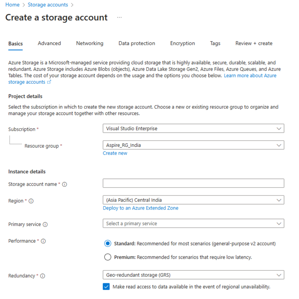 Create Storage account on Azure 
