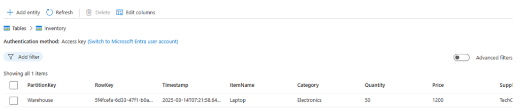 View after inserting data in Inventory table.