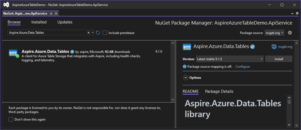 Adding Aspire.Azure.Data.Tables NuGet Package