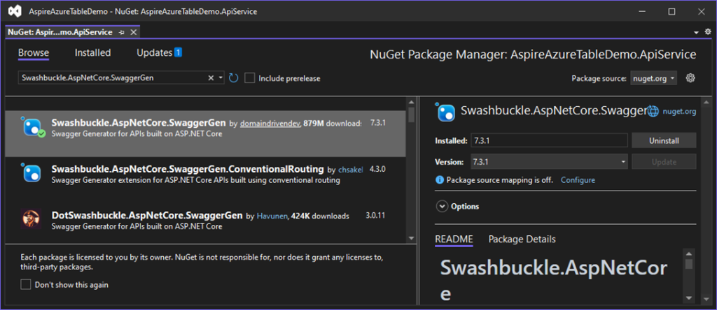 Adding Swashbuckle.AspNetCore.SwaggerGen NuGet Package