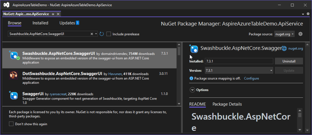 Adding Swashbuckle.AspNetCore.SwaggerUI NuGet Package
