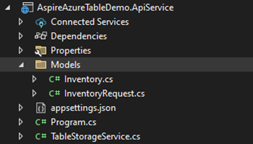 AspireAzureTableDemo.ApiService Project View after Adding Models
