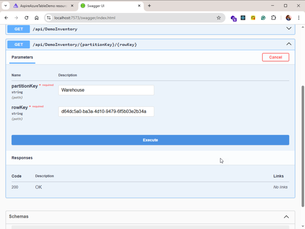 View data using partitionKey and rowKey